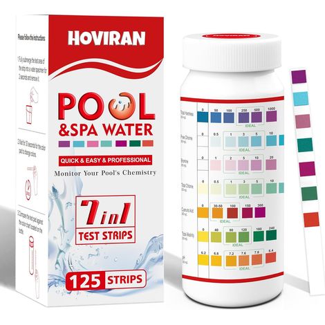 Bandelette Piscine 7 en 1, Testeur pour Eau de Piscine et Spa, 125 test pour tester Brome, alcalinité totale, pH, chlore libre, dureté totale, acide cyanurique et chlore total (1/5)