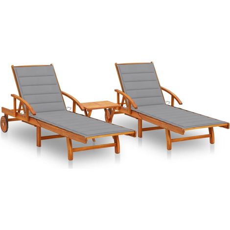 Conjunto de 2 tumbonas hamacas camas de jardín muebles de terraza con mesa y cojines madera maciza de acacia 020012103 (1/5)