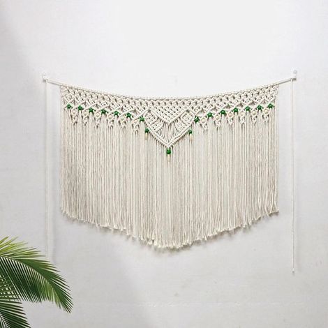 Großer Makramee-Wandbehang mit Holzperlen 100 x 65 cm Makramee-Wandteppich Boho-Stil gewebter Teppich Schlafzimmer Vorhang Fransen Girlande für (1/5)
