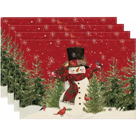 sets table Noël motif bonhomme neige écharpes pin lavables pour vacances cuisine décoration fête 30 x 45 cm lot de 4 (1/5)