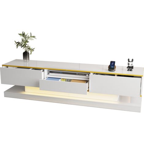 Meuble TV blanc brillant de 180 cm avec 3 tiroirs, LED multicolore commandée par application et détails dorés, rangement spacieux pour salon moderne CHICFURN (1/5)