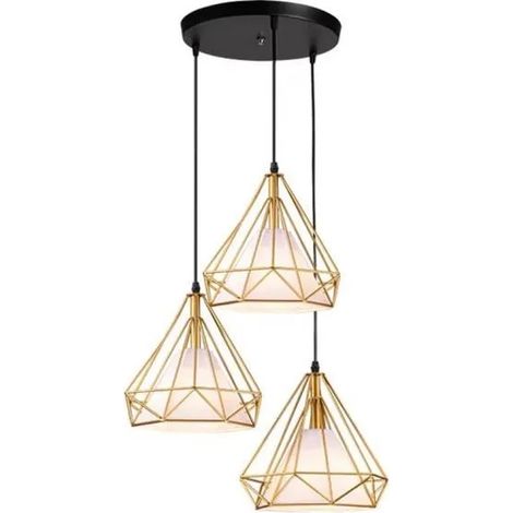 U-DO Lustre Suspension forme Diamant en Fer Doré Vintage 3 Têtes Lampe Intérieur Lustre Plafonnier Ajustable Industriel (1/4)
