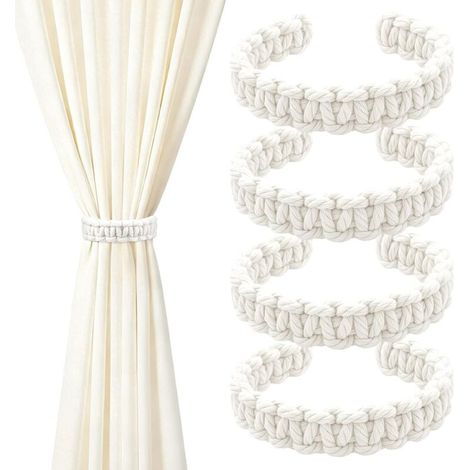 Lot de 4 Embrasses De Rideaux Tissés,Embrasses de Rideaux Bohème,Attache Rideau Embrasse Rustikaler Landhaussti,Convient aux Chambres à Coucher, aux Bureaux et aux Salons (Blanc) (1/5)
