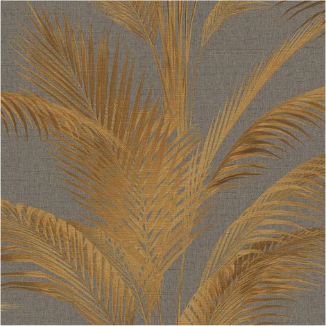 Carta da parati natura Profhome 399804 Carta da parati TNT goffrata a caldo leggermente strutturata con palme ed effetto metallico grigio oro giallo-miele 5,33 m2 (1/5)