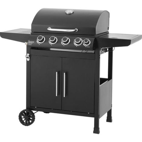 Barbecue à gaz 4 brûleurs – Surface de cuisson 60 x 42 cm – Couvercle avec thermomètre – Acier peint noir – Chariot avec rangement – Cookingbox