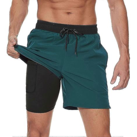 Short de bain homme avec doublure de compression et séchage rapide - Short de plage/surf avec poches zippées pour homme Black-dark Green-S (1/5)