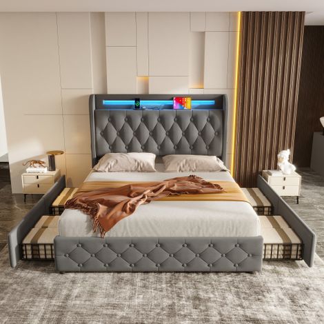Polsterbett 140x190 Samtbett mit LED und USB-Steckdose, Kopfteil mit Ablage, Doppelbett mit 4 Schubladen, Stauraumbett 300 kg