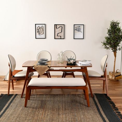 Conjunto Mesa y Sillas Pedrengo, 6 Personas, Banco: 105x40h48 cm, Sillas: 54x44h90 cm, Mesa: 160x78h75 cm, Marrón Nogal (1/5)