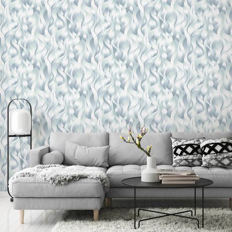 Papier peint graphique bleu & gris salon tendance | Tapisserie graphique ondulations bleu & grise chambre | Papier peint intissé moderne (1/4)