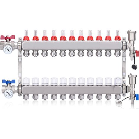 Kit Collecteur Radiateur, 11 Circuits Distributeur Chauffage, avec Thermomètreavec, avec Eurocône 3/4 (16 x 2 mm), Vannes à Boisseau Sphérique 1", avec Purgeur Manuel et Débitmètre, Distributeur HKV