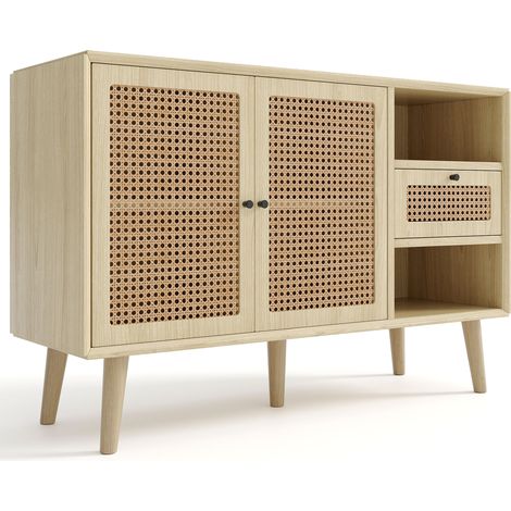 Buffet, commode avec 1 tiroir et 2 portes magnétiques, cannage en rotin sur les façades de porte, pieds en bois massif, poignée en métal noir, étagères réglables, chêne, 120 x 40 x 80 cm (1/5)