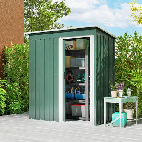 Cobertizo de Jardín Exterior 1,16 m² 163x89x182 cm Caseta Metálica con Puerta Corredera y Techo Inclinado Verde (1/5)