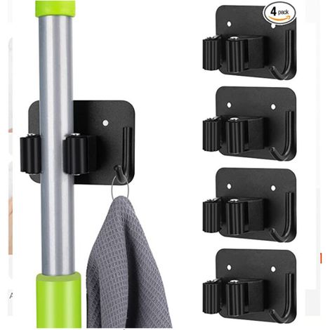 3-H 4er-Set Wandbesenhalter ohne Bohren oder Schrauben, selbstklebender Edelstahl-Wandhaken, Wandbesenhalter mit Haken für Küche, Bad, Garage, Garten, Schwarz