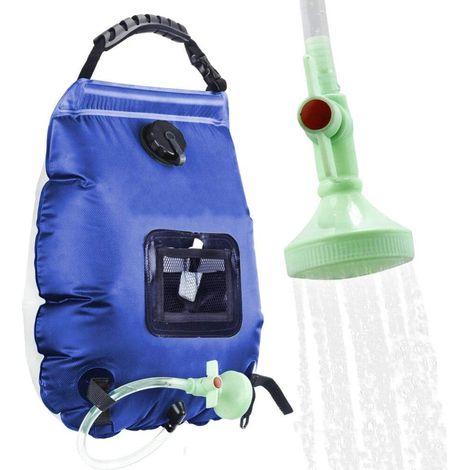 Sac de douche solaire chauffant de 5 gallons/20 L avec tuyau détachable et pommeau de douche marche/arrêt (bleu)-AquaForge (1/4)