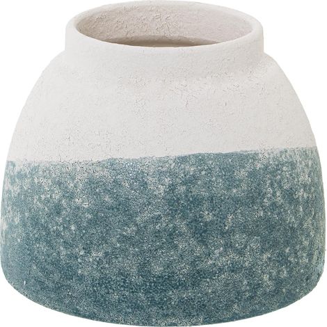 Vase de Table en céramique Beige et Bleu pétrole Texture Sable 17 x 14 cm, Bouche 9 cm (1/3)