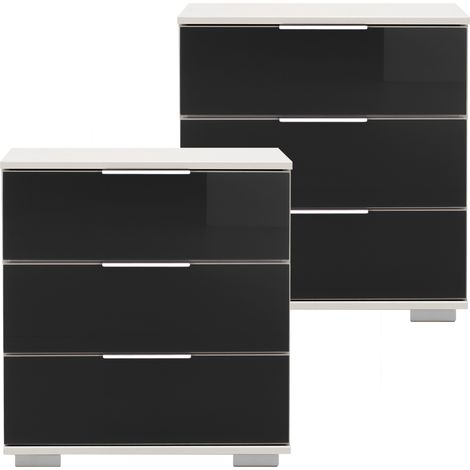 Schlafzimmer 2er Set Nachttisch Nachtschrank, auch für Boxspringbetten, in weiß mit schwarzem Glas ELSTRA-43, B/H/T ca. 52/58/38 cm