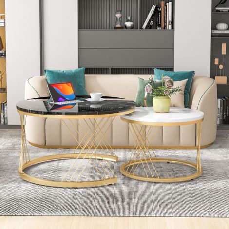 Ensemble de tables basses gigognes modernes — Table d'appoint pour canapé effet marbre et table ronde décorative (lot de 2), avec cadres dorés