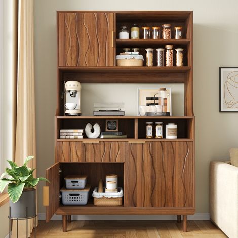 Mobile dispensa alto con ante, cassetto e ripiani aperti, 100 × 32 × 170 cm, in MDF e pannello truciolare, finitura legno scuro per cucina e soggiorno  FLORAGRACE (1/5)