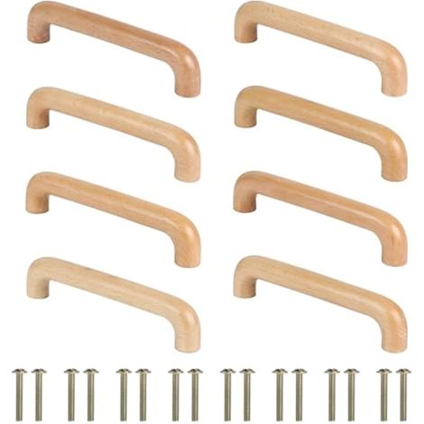 Lot de 8 boutons de meubles en bois de 128 mm, poignées incurvées avec vis à bois, poignées de tiroir en hêtre pour portes, placards, tiroirs, cuisines (1/5)
