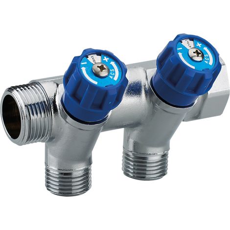 Colector Macho Hembra 3/4 con Grifos Válvulas Azules QUICK PLOMBERIE - 2 Salidas Macho 1/2