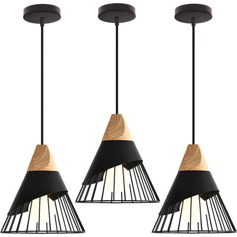 – Lustre suspension vintage rétro en métal et bois – Culot E27 – Forme cage badminton – 25cm – Plafonnier noir (1/5)