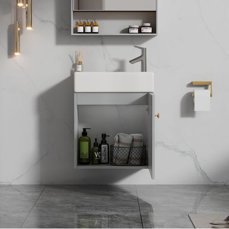 Meuble sous-vasque suspendu pour petite salle de bain, avec vasque en céramique, grand rangement, fermeture douce, gris et blanc  CHICFURN (1/5)