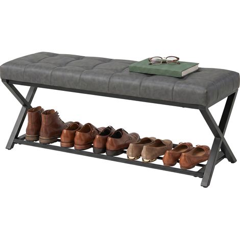 Banc d'entrée Skobänk en similicuir, capacité de rangement jusqu'à 220 kg pour hall d'entrée, 112 x 37 x 47 cm, gris foncé (1/5)