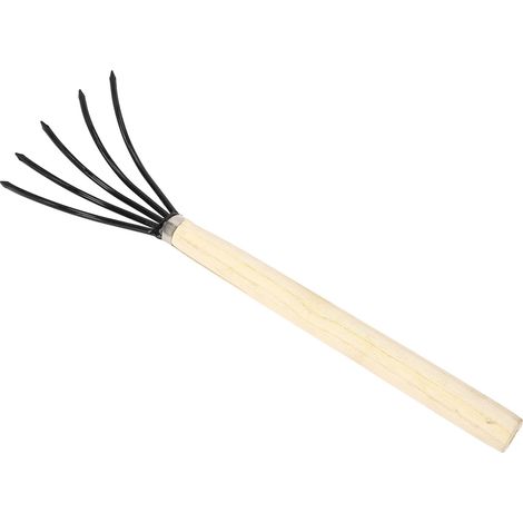 Râteau à main de jardin avec 5 dents en acier, manche en bois ergonomique, griffe cultivatrice pour ameublir et desserrer la terre, long manche