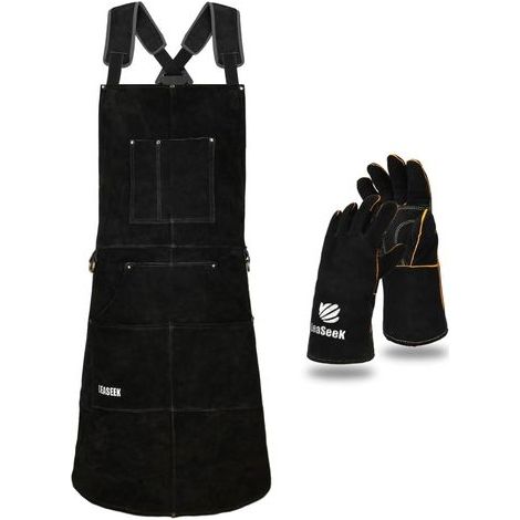 1 - Tablier de Soudure - Cuir de Vachette - Résistant à la Chaleur avec 6 Poches et Bretelles Réglables pour Atelier et Jardinage Noir M-XXXL (1/5)