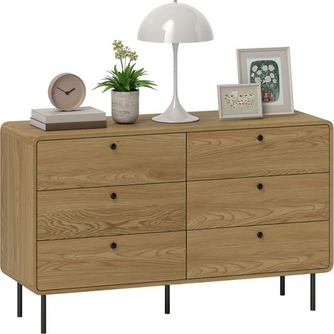 HOMCOM Chest of Drawers for Bedroom, Modern 6 Drawer Dresser, Oak