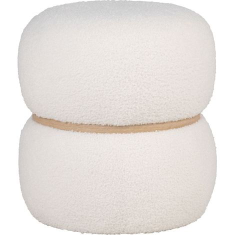 Pouf Milford in teddy bianco con fascia in legno naturale ø38 cm