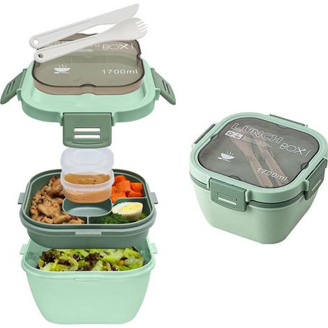 1 saladier 1,7 L, vert mat, compartiments séparés, récipient à épices, salade repas sur le pouce, bureau école pique-nique (1/4)