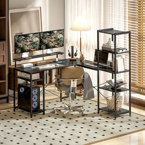 Escritorio esquinero con estantes y enchufes OKMYHOME (1/5)