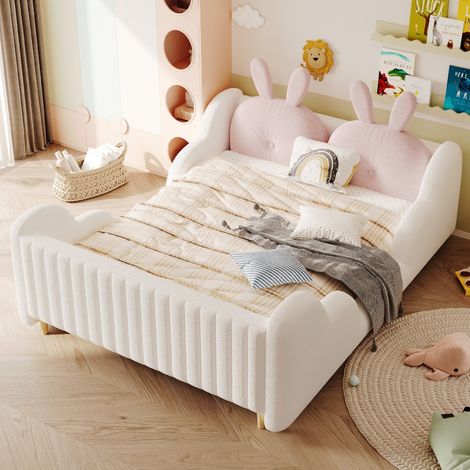 Lit enfant capitonné blanc 140x200 plateforme barrières nuage oreillers lapin décor boucle lit double chambre (sans matelas) (1/5)