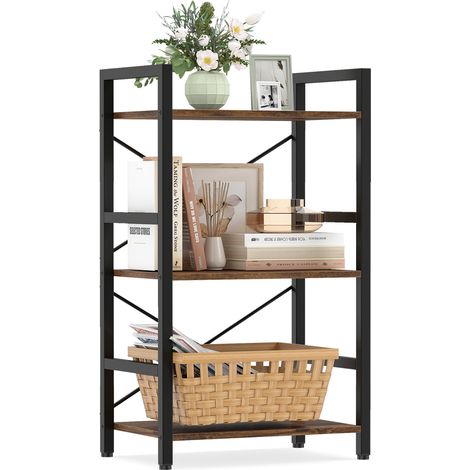 Bibliotheque à 3 Niveaux, Etagere Rangement sur Pied en Métal avec 3 Étagères Ouvertes, Patins Antidérapants & Réglables, 41,5 x 27,5 x 70,5 cm,Marron (1/5)