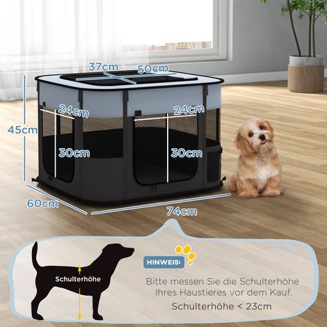Parc pliable gris filet respirant pour chiots sous 4kg 74x60x45cm portes fenêtres, enclos léger intérieur extérieur petits animaux (1/5)