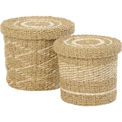Set de 2 paniers avec couvercle en papier tressé - blanc et naturel (1/4)