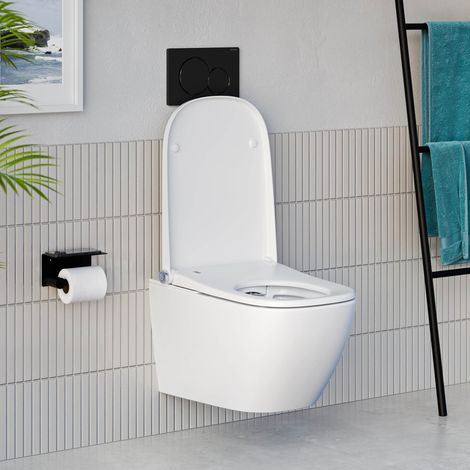 BERNSTEIN - Pack WC japonais Basic 1104 + Bâti-support Geberit, Toilettes suspendu lavant - 38x59x38cm - Plaque Noir Brillant (1/5)