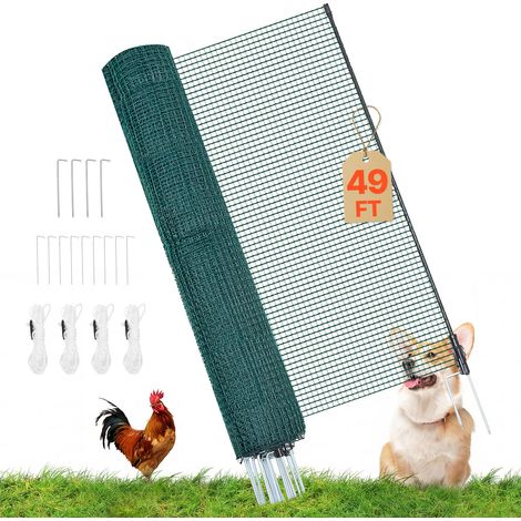 VEVOR Valla de Pollos y Perros, 1,2 m x 15 m, Red de Seguridad para Jardines y Huertos, con Postes y Estacas de Doble Punta, Malla Plástica de Protección para Aves de Corral Cría de Animales, Verde (1/5)