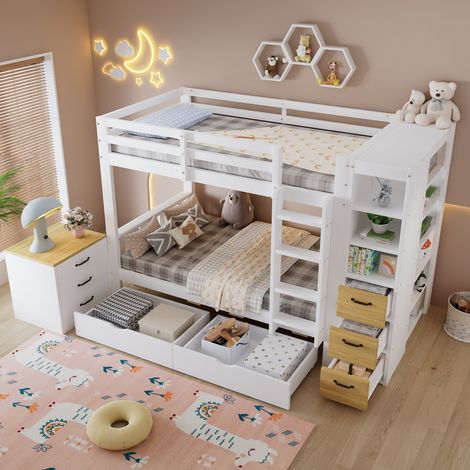Lit superposé pour enfant en bois blanc 90x200 cm, 2 coffres de lit, étagère latérale, tiroirs, échelle et chevet libre, 2 couchages (1/5)