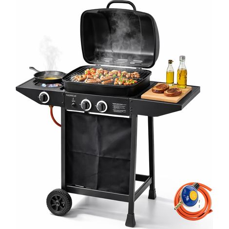 Barbecue a gas 2 Fuochi Bruciatori e fornellino laterale con ruote e Griglia Acciaio (1/5)