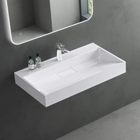 Mai & Mai Lavabo da Appoggio 80x46x11cm, Lavabo Bagno Sospeso da Minerale fuso Lavandino Bagno da Appoggio con Piletta di Scarico e un Foro per Rubinetteria, Colossum19-800