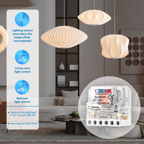 Relais électromécanique CILIA 230 V 10 A à impulsions, type 26.08 (pas à pas), avec circuit de bobine et contacts séparés, et interrupteur de dérivation. 4 séquences, 2 contacts NO pour l'éclairage. (1/4)