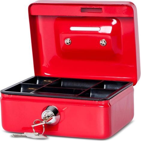 Lockable and portable steel cash box, 12.5 x 9.5 x 6 cm, with coin slot. Suitable as a piggy bank, small safe, or cash drawer. Red (1/5)