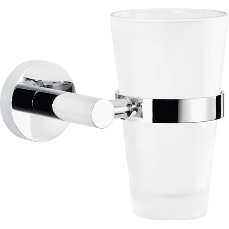 tesa Exxcellent Portabicchiere Adesivo - Porta spazzolino in metallo inox cromato e vetro satinato - senza perforazione - Rimovibile senza tracce - 125 mm x 130 mm x 105 mm (1/4)
