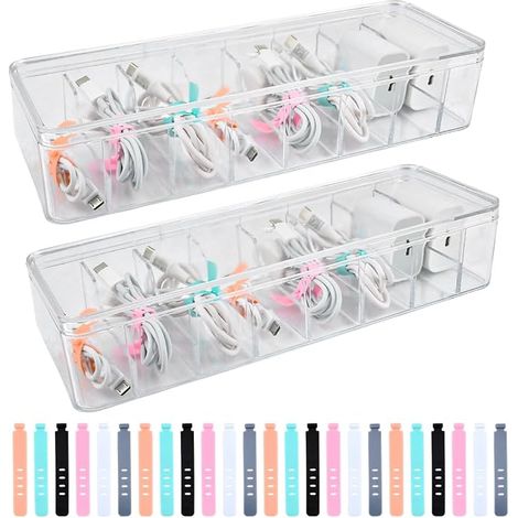 Boîte de Rangement Câbles avec Couvercle, Boite Rangement Cable et Chargeur 8 Compartiments Boîte Rangement Câble Usb avec Serre-câbles Boîte Organisateur Câble Transparente