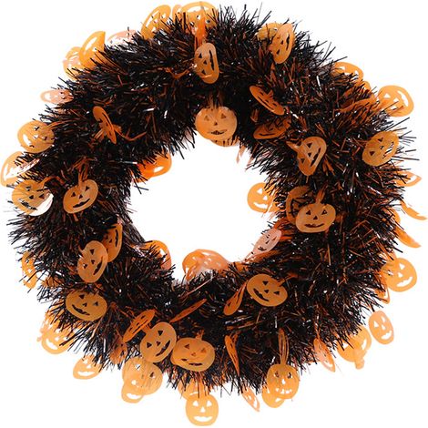 (1 Stück) (Orangefarbenes Kürbis-Design) Künstlicher Halloween-Kranz/Kranz zur Raumdekoration – Halloween-Kranzanhänger mit Kürbisschädel, 27 cm, PET (1/2)