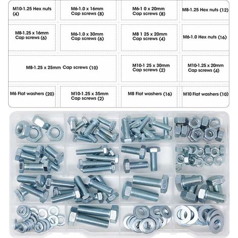 Kit de boulons hexagonaux M6 M8 M10 – Assortiment de 128 pièces avec écrous et rondelles – Acier zingué pour construction – Usage industriel – Ladacèe (1/5)