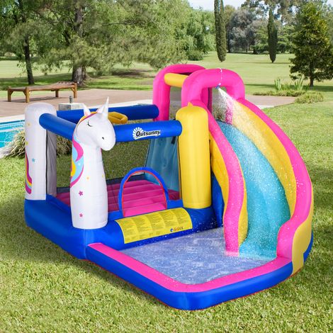 Château gonflable sur le thème des contes de fées avec souffleur, toboggan, bassin d'eau et panier de basket, 360 x 305 x 210 cm
