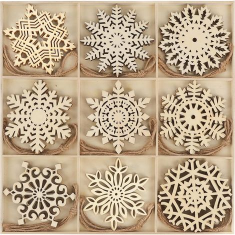 Adorno navideño de copo de nieve de madera (27 piezas) - Modelo colgante + Detalle decorativo - Decoración para árbol de Navidad / Adorno de copo de nieve / - 27 piezas (1/5)
